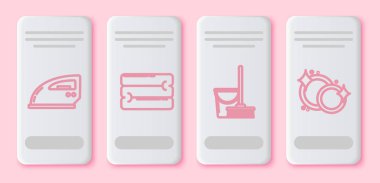 Elektrik ütüsü, havlu yığını, paspas ve kova ve bulaşık yıkama hattı kurun. Beyaz dikdörtgen düğme. Vektör