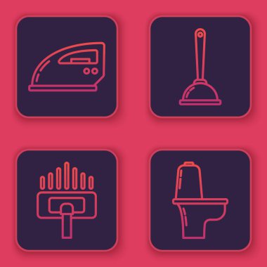 Elektrik hattı, elektrik süpürgesi, elektrik süpürgesi tuvalet pompası ve klozet. Mavi kare düğme. Vektör
