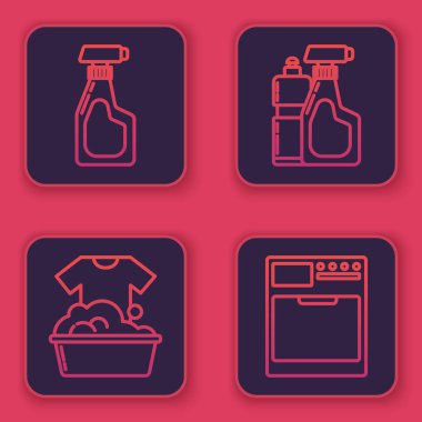 Hat temizleme sprey şişesi deterjan sıvısı, sabun köpüklü plastik leğen sıvı bulaşık deterjanı ve bulaşık makinesi için plastik şişeler. Mavi kare düğme. Vektör