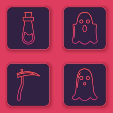 Şişeyi iksirle, tırpanla, hayaletle ve hayaletle ayarla. Mavi kare düğme. Vektör