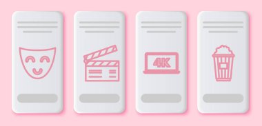 Çizgi film komedi maskesini, film alkışını, dizüstü bilgisayar ekranını 4K video teknolojisi ve karton kutuda patlamış mısırla ayarla. Beyaz dikdörtgen düğme. Vektör