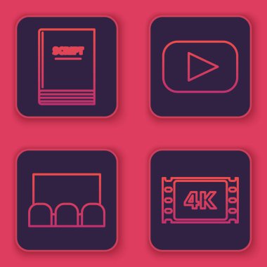 Senaryo, sinema salonu ve koltuklar, Play and 4k film, bant, çerçeve. Mavi kare düğme. Vektör