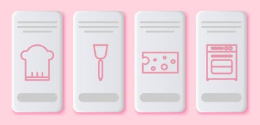 Şef şapkası, Spatula, Peynir ve Fırın. Beyaz dikdörtgen düğme. Vektör