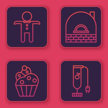 Bayram zencefilli kurabiye, kek, tuğla soba ve blender. Mavi kare düğme. Vektör