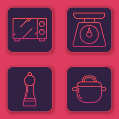 Mikrodalga fırın, Pepper, Pul ve Tencere 'yi ayarla. Mavi kare düğme. Vektör