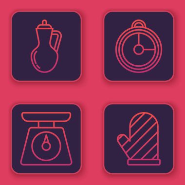 Bir şişe zeytinyağı, pullar, mutfak zamanlayıcısı ve fırın eldiveni. Mavi kare düğme. Vektör