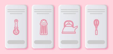 Pizza bıçağı, tuz, saplı su ısıtıcısı ve mutfak çırpıcısı. Beyaz dikdörtgen düğme. Vektör