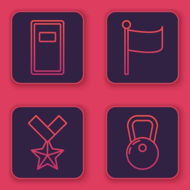 Polis hücum kalkanı, askeri ödül madalyası, Bayrak ve Kettlebell. Mavi kare düğme. Vektör