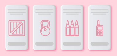 Askeri cephane kutusu, kettlebell, kurşun ve telsiz ayarlayın. Beyaz dikdörtgen düğme. Vektör