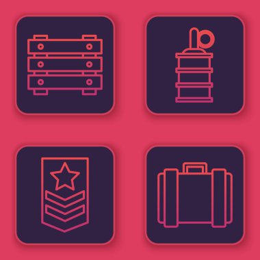 Askeri cephane kutusu, Chevron, el bombası ve askeri mühimmat kutusu ayarlayın. Mavi kare düğme. Vektör