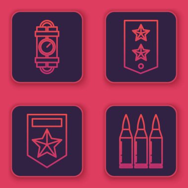 Dinamit bomba çubuğunu ve zamanlayıcı saatini, Chevron 'u, Chevron' u ve Mermi 'yi ayarla. Mavi kare düğme. Vektör