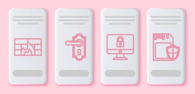 Firewall hattını, güvenlik duvarını, kapı kolunu bilgisayar monitörünü, Sd kartını ve kalkanı kilitle. Beyaz dikdörtgen düğme. Vektör