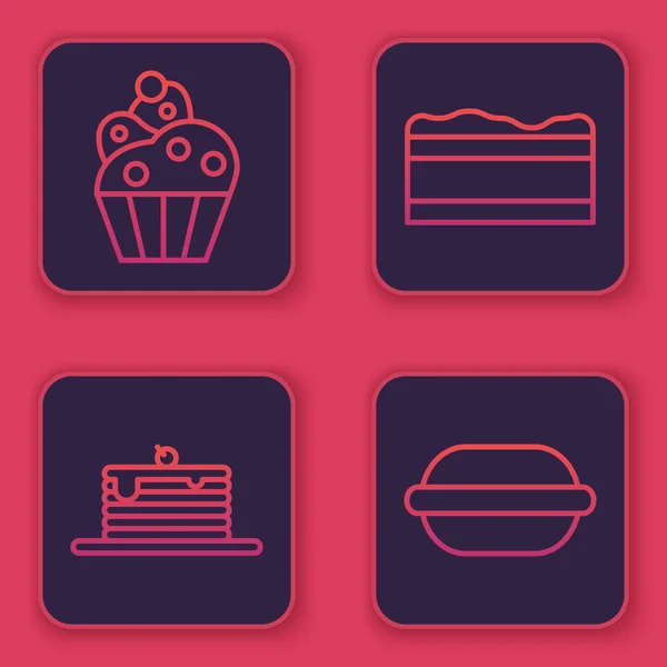 Set Line Cupcake, Stapel von Pfannkuchen, Brownie Chocolate Cake und Macaron Cookie. blauer quadratischer Knopf. Vektor — Stockvektor