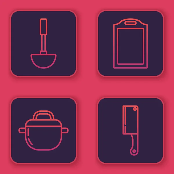Set Line Küchenlöffel, Kochtopf, Schneidebrett und Fleischhacker. blauer quadratischer Knopf. Vektor — Stockvektor