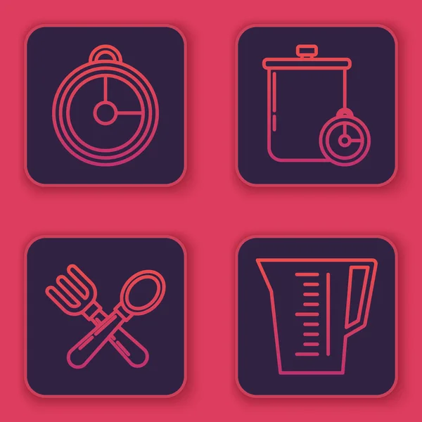 Nastavte linku kuchyňský časovač, zkříženou vidličku a lžíci, vařič a kuchyňský časovač a měřící kelímek. Modré tlačítko. Vektor — Stockový vektor