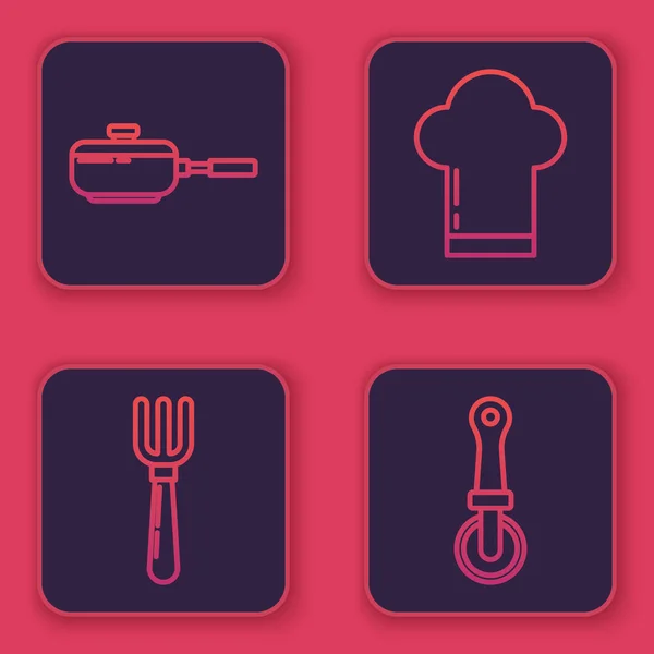 Pfanne, Gabel, Kochmütze und Pizzamesser in Reihe stellen. blauer quadratischer Knopf. Vektor — Stockvektor