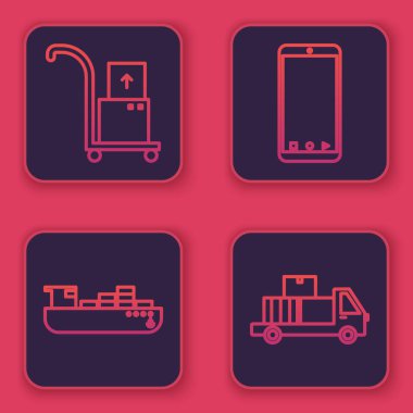 Hat el arabası ve kutular, kargo gemisi kutu teslimat servisi, cep telefonu uygulama teslimat takibi ve karton kutularla teslimat kamyonu. Mavi kare düğme. Vektör