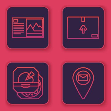 Çizgi kartpostal, karton kutuda pizza trafik sembollü karton kutu ve harita kağıdında yer tutucu. Mavi kare düğme. Vektör