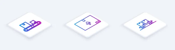 Set Isometric line Conveyor belt with cardboard box , Cardboard box with traffic symbol and Railway carriage . White square button. Vector — ストックベクタ