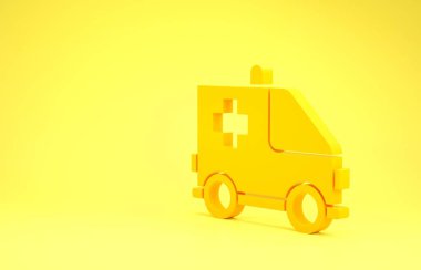 Sarı ambulans ve acil durum arabası ikonu sarı arka planda izole edildi. Ambulans aracı tıbbi tahliye. Minimalizm kavramı. 3d illüstrasyon 3B canlandırma