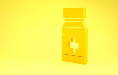 Yellow Dog medicine bottle and pills icon isolated on yellow background. Container with pills. Prescription medicine for animal. Minimalism concept. 3d illustration 3D render