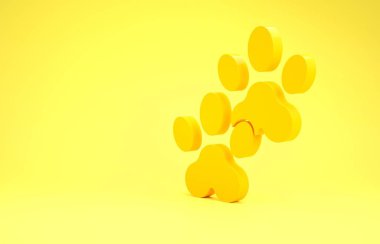 Sarı arka planda izole edilmiş sarı Paw yazdırma simgesi. Köpek ya da kedi pençesi izi. Hayvan izleri. Minimalizm kavramı. 3d illüstrasyon 3B canlandırma