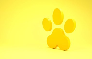 Sarı arka planda izole edilmiş sarı Paw yazdırma simgesi. Köpek ya da kedi pençesi izi. Hayvan izleri. Minimalizm kavramı. 3d illüstrasyon 3B canlandırma