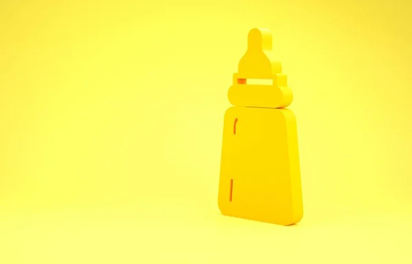 Ícone amarelo da garrafa do bebê isolado no fundo amarelo. Ícone da garrafa de alimentação. Sinal de garrafa de leite. Conceito de minimalismo. 3D ilustração 3D render — Fotografia de Stock