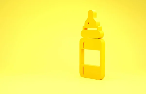 Ícone amarelo da garrafa do bebê isolado no fundo amarelo. Ícone da garrafa de alimentação. Sinal de garrafa de leite. Conceito de minimalismo. 3D ilustração 3D render — Fotografia de Stock