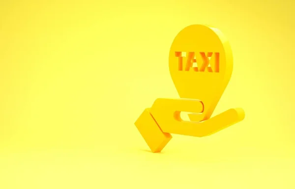 Жовта рука на картковому покажчику з піктограмою таксі ізольовано на жовтому тлі. Символ розташування. Концепція мінімалізму. 3D ілюстрація 3D рендеринга — стокове фото