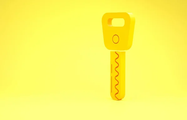 Значок ключа желтого автомобиля выделен на желтом фоне. Концепция минимализма. 3D-рендеринг — стоковое фото