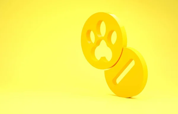 Gelber Hund und Pillen-Symbol isoliert auf gelbem Hintergrund. Verschreibungspflichtige Medikamente für Tiere. Minimalismus-Konzept. 3D Illustration 3D Renderer — Stockfoto