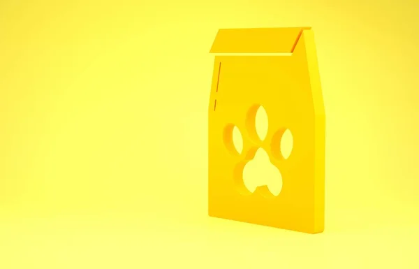 Sacchetto giallo di cibo per l'icona dell'animale domestico isolato su sfondo giallo. Cibo per animali. Pacchetto cibo per animali. Impronta zampa cane o gatto. Concetto minimalista. Illustrazione 3d rendering 3D — Foto Stock