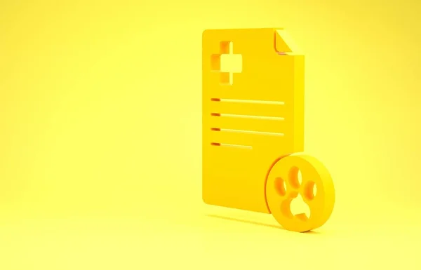 Clipboard Amarelo com registro clínico médico ícone do animal de estimação isolado no fundo amarelo. Formulário de seguro de saúde. Relatório de marcas médicas. Conceito de minimalismo. 3D ilustração 3D render — Fotografia de Stock