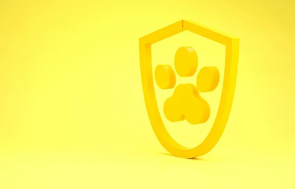 Gele Animal ziektekostenverzekering pictogram geïsoleerd op gele achtergrond. Dierenbescherming icoon. Afdruk van honden- of kattenpootjes. Minimalisme concept. 3d illustratie 3d renderen — Stockfoto