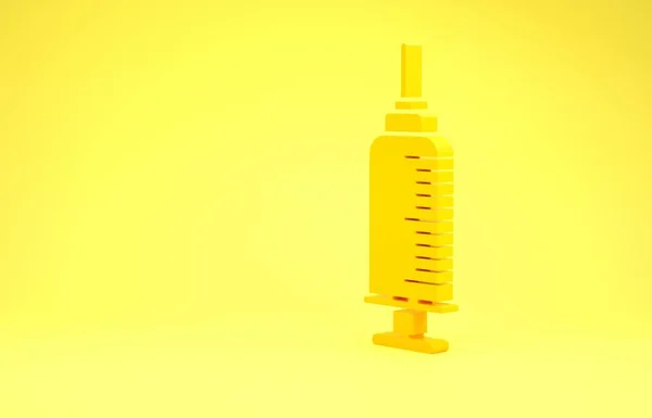 Seringue jaune avec icône du vaccin pour animaux de compagnie isolée sur fond jaune. Empreinte de patte de chien ou chat. Concept de minimalisme. Illustration 3D rendu 3D — Photo