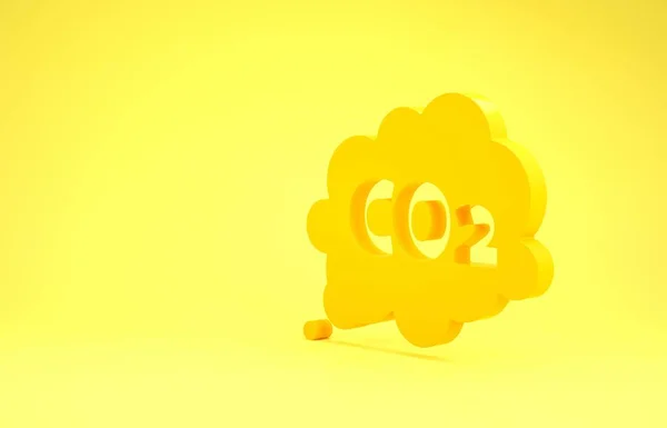 Emissioni di CO2 gialle nell'icona della nuvola isolata su fondo giallo. Simbolo formula anidride carbonica, concetto di inquinamento da smog, concetto di ambiente. Concetto minimalista. Illustrazione 3d rendering 3D — Foto Stock