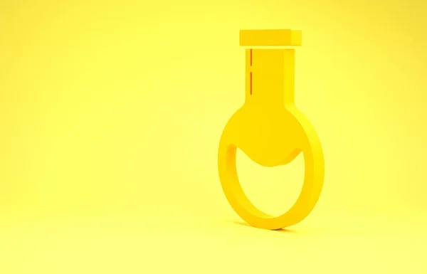 Sárga kémcső és lombik - kémiai laboratóriumi vizsgálati ikon sárga alapon elkülönítve. Laboratóriumi üvegáru jel. Minimalizmus koncepció. 3d illusztráció 3d render — Stock Fotó