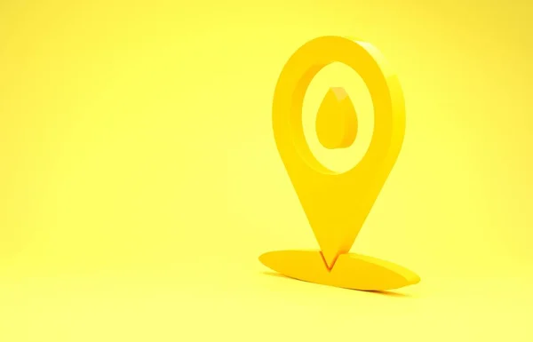 Icône de localisation du carburant de recharge jaune isolée sur fond jaune. Station-service et pointeur de carte. Concept de minimalisme. Illustration 3D rendu 3D — Photo