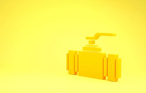 Желтые промышленные металлические трубы и иконка клапана изолированы на желтом фоне. Концепция минимализма. 3D-рендеринг — стоковое фото