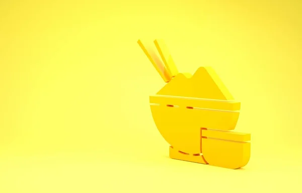 Yellow Rice in een kom met eetstokje en saus pictogram geïsoleerd op gele achtergrond. Traditioneel Aziatisch eten. Minimalisme concept. 3d illustratie 3d renderen — Stockfoto