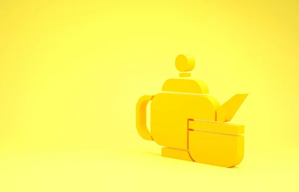 Sarı Geleneksel Japon çay seremonisi ikonu sarı arka planda izole edildi. Fincanlı çaydanlık. Minimalizm kavramı. 3d illüstrasyon 3d canlandırma — Stok fotoğraf