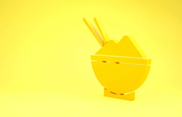 Arroz amarelo em uma tigela com o ícone de pauzinho isolado no fundo amarelo. Comida asiática tradicional. Conceito de minimalismo. 3D ilustração 3D render — Fotografia de Stock