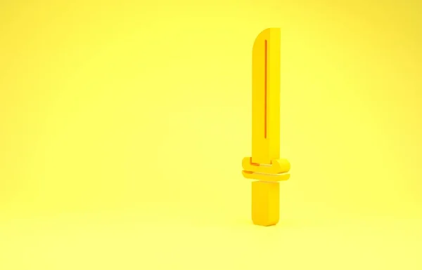 Желтая традиционная японская икона Фана на желтом фоне. Японский меч. Концепция минимализма. 3D-рендеринг — стоковое фото