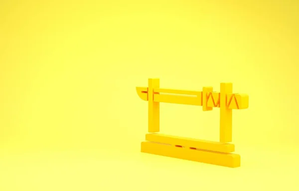 Κίτρινη παραδοσιακή ιαπωνική κατάνα σε ξύλινη βάση που απομονώνεται σε κίτρινο φόντο. Ιαπωνικό σπαθί. Μινιμαλιστική έννοια. 3D απεικόνιση 3d καθιστούν — Φωτογραφία Αρχείου