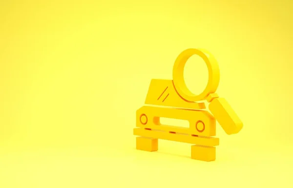 Ícone de pesquisa de carro amarelo isolado no fundo amarelo. Ampliação de vidro com carro. Conceito de minimalismo. 3D ilustração 3D render — Fotografia de Stock