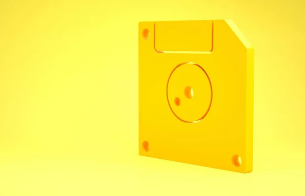 Disco flexible amarillo para el icono de almacenamiento de datos de la computadora aislado en el fondo amarillo. Signo de disquete. Concepto minimalista. 3D ilustración 3D render —  Fotos de Stock