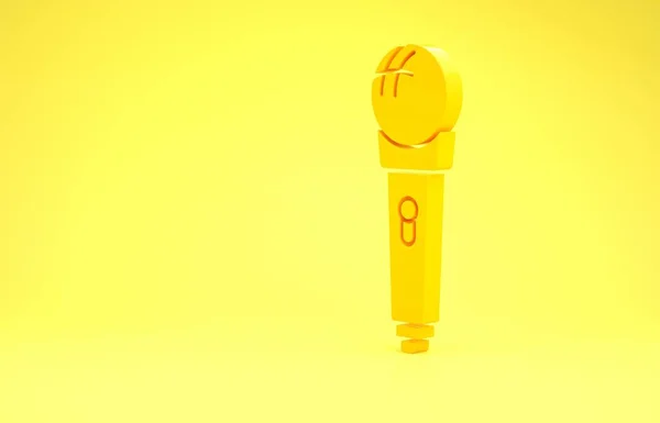 Ikon Mikrofon Kuning diisolasi pada latar belakang kuning. Di mikrofon radio udara. Tanda pembicara. Konsep minimalisme. Tampilan 3D ilustrasi 3d — Stok Foto