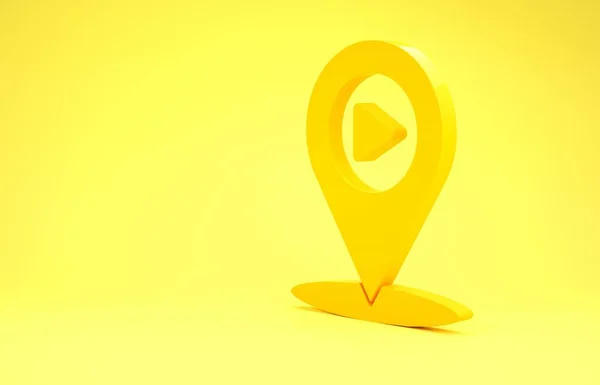 Yellow Digital media play com ícone de localização do pino isolado no fundo amarelo. Conceito de minimalismo. 3D ilustração 3D render — Fotografia de Stock