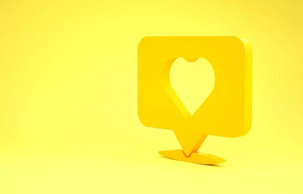 Жовтий Як і значок серця ізольовані на жовтому тлі. Піктограма контрсповіщення. Фолловер Інста. Концепція мінімалізму. 3D ілюстрація 3D рендеринга — стокове фото